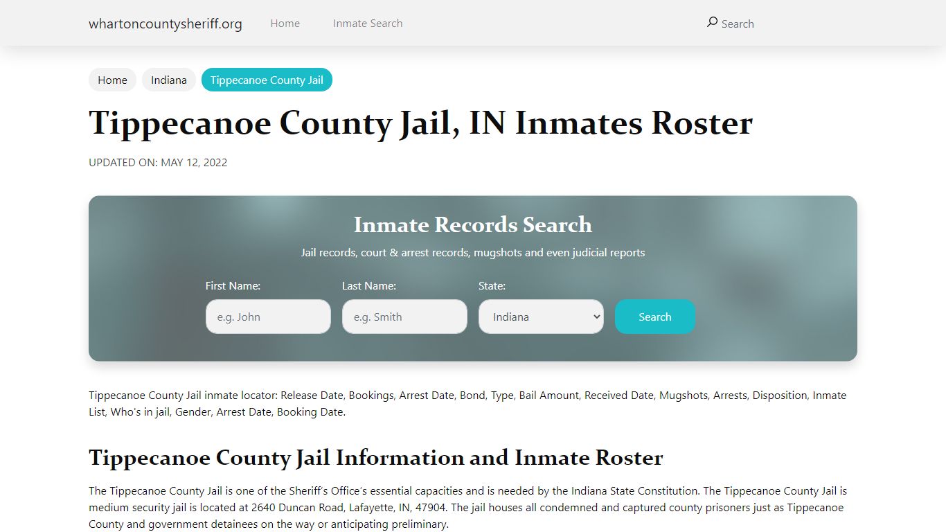 Tippecanoe County Jail, IN Jail Roster, Name Search